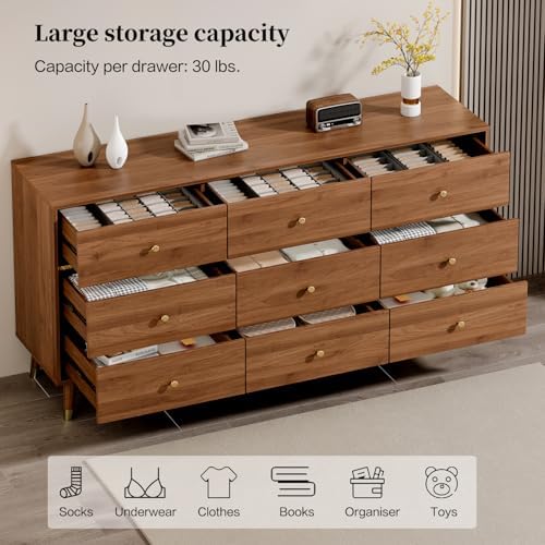 Chrangmay 9 Drawer Dresser,63" Wide Mid Century Chest of Drawers,Wooden Bedroom Drawer Dresser with 9 Storage Drawers for Bedroom,Living Room,with Anti-Tipping Device,Chestnut - Image 3