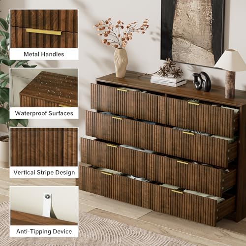 Furniway Walnut Dresser for Bedroom, Modern Dresser with 8 Drawers and Smooth Slides, Wide Chest of Drawers with Golden Handles for Bedroom, Closet, 15.7" D x 55" W x 37.4" H - Image 3