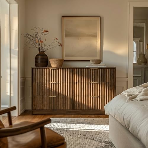 Walnut 6 Drawer Dresser for Bedroom, 55" Wide Fluted Chest of Drawers - Image 5