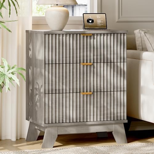 Xixini Fluted Nightstand with Charging Station, Tall Bedside Table, Grey - Image 3