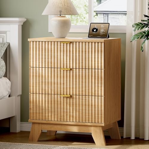 Xixini Fluted Nightstand with Charging Station, Tall Bedside Table, Oak by Xixini