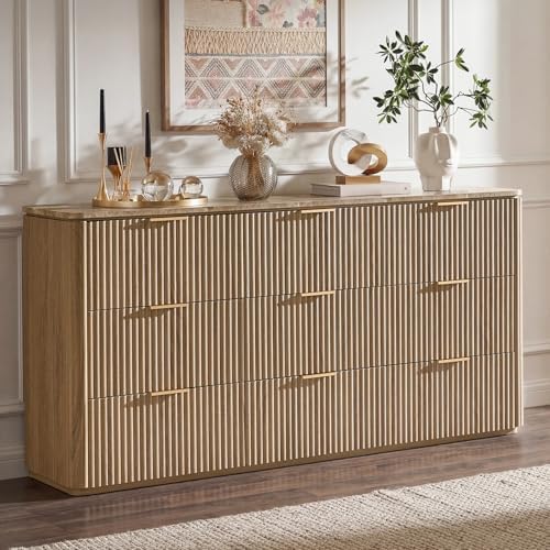 63"W Fluted 9 Drawer Bedroom Dresser, with Faux Marble Top,Natural Oak by DelArk