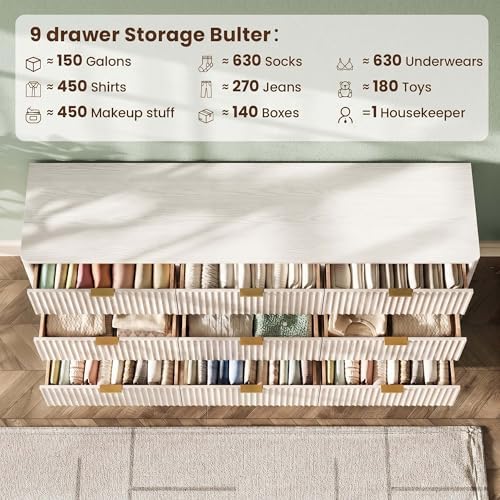 63" Wide Fluted 9 Drawers Dresser for Bedroom,Curved Edge,White - Image 5
