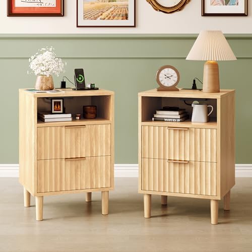 VINGLI Fluted Nightstands Set of 2 with Charging Station, Wood Nightstand 2 Drawer, Mid Century Modern Nightstands for Bedroom, Fluted Bed Side Table, Oak Night Stands Set 2 by VINGLI