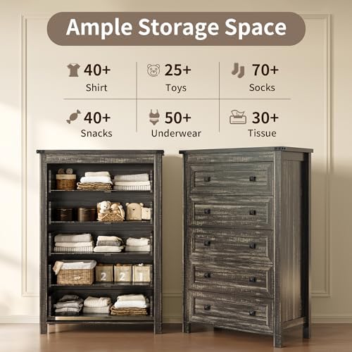 Xixini 45.5" Tall 5-Drawer Farmhouse Dresser for Bedroom, Dark Brown - Image 4