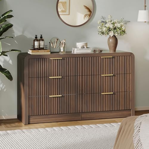 Decofy 55" W Fluted 6-Drawer Dresser for Bedroom, Walnut by Decofy