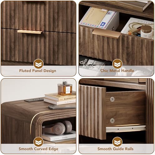 Decofy Fluted 2-Drawer Nightstand with Charging Station, Walnut - Image 6
