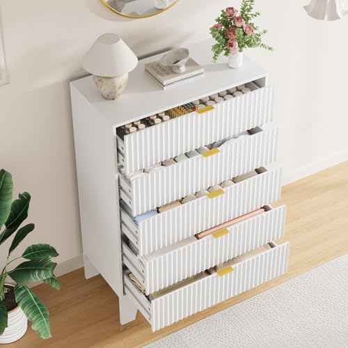 5 Drawer Dresser for Bedroom, 47" Tall Fluted Chest of Drawers, White - Image 3