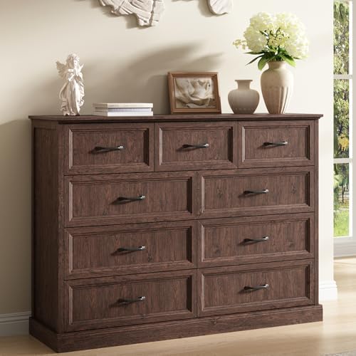 Farmhouse 9 Drawer Dresser for Bedroom, 55" Brown Dresser with TV Stand by CARPETNAL