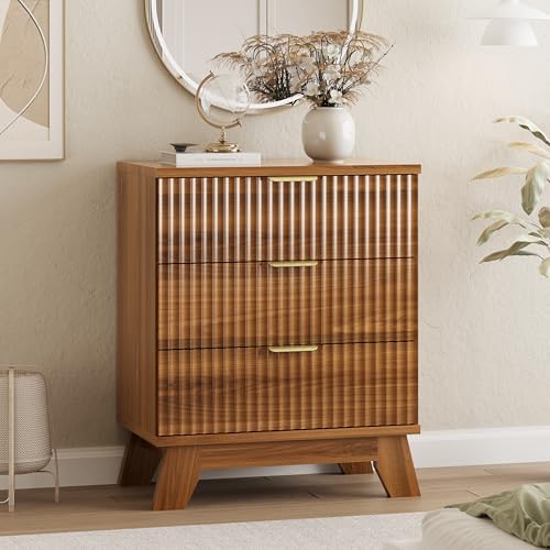Xixini Fluted Dresser for Bedroom with 3 Drawers, 24" Wide Modern Chest of Drawers with Metal Handle, Wooden Dresser TV Stand, Wood Closet Clothes Storage Organizer for Living Room, Hallway, Walnut - Image 3