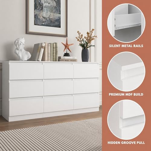 White 9 Drawer Dresser for Bedroom,Modern 59'' Long Dresser with Deep Drawer,Wood Storage Chest of Drawers for Bedroom Living Room,Closet - Image 3