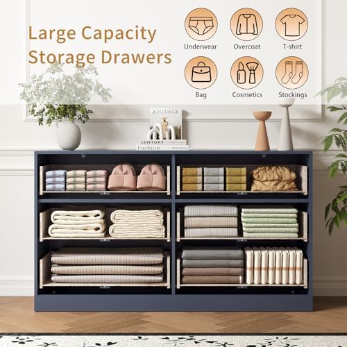 6 Drawer Fluted Dresser for the Bedroom, 55" Wide Wooden Dresser with Deep Drawers, Large Floor Chest of Drawers, Modern Long TV Stand, Storage Cabinet for Livingroom, Hallway, Blue - Image 4