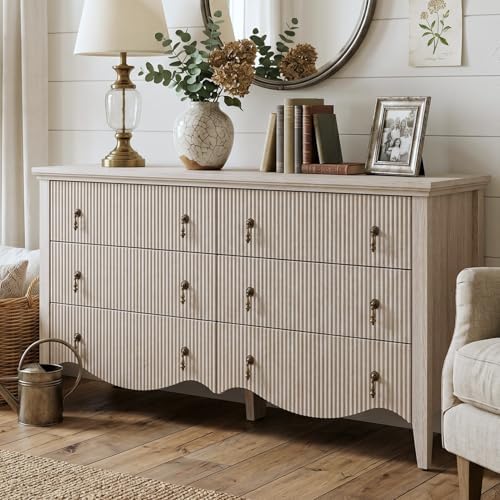 6-Drawer Fluted Dresser, 52" Wide Double Chest of Drawers,Nature Oak by FUSUNBAO