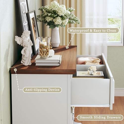 HUAHUU Farmhouse 6 Drawer Dresser for Bedroom, 47" Wide Chest of Drawers with Roman Column, White Wood Dresser with Antique Bronze Circle Handles, Storage Organizer for Living Room, Hallway, Entryway - Image 6