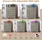 Wodeer Grey Dresser Tall 5 Drawer Dresser for Bedroom, Wood Chest of Drawers with LED Lights, Charging Station, Metal Handles, Modern Storage Cabinet and Organizer Drawers for Living Room, Hallway - Image 5