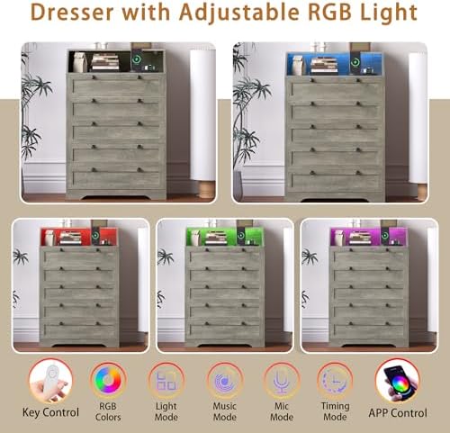 Wodeer Grey Dresser Tall 5 Drawer Dresser for Bedroom, Wood Chest of Drawers with LED Lights, Charging Station, Metal Handles, Modern Storage Cabinet and Organizer Drawers for Living Room, Hallway - Image 5
