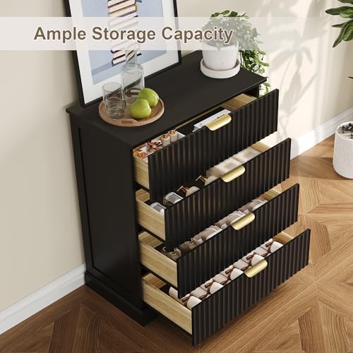 Wooden 4 Drawer Dresser for Bedroom, 36.6 in Tall Fluted Dresser with Metal Handles, Modern Chest of Drawers for Bedroom, Living Room, Entryway, Black - Image 4