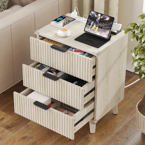 3 Drawers Nightstands Set of 2 w/Charging Station, Modern Fluted Dresser - Image 5