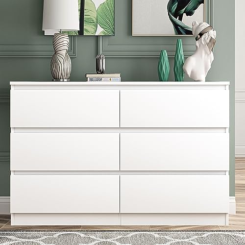Vibe & Dine White Dresser, Modern 6 Drawer Double Dresser for Bedroom, Wood Chest of Drawers with Wide Storage for Living Room - Image 2
