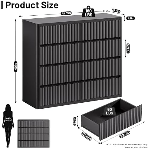 Standifurno Black 8 Drawers Dresser for Bedroom, 48" Wide Wooden Tall Chest of Drawers with Curved Modern Profile Design, Fluted Dresser TV Stand, Wood Closet Clothes Storage Drawer Organizer - Image 2