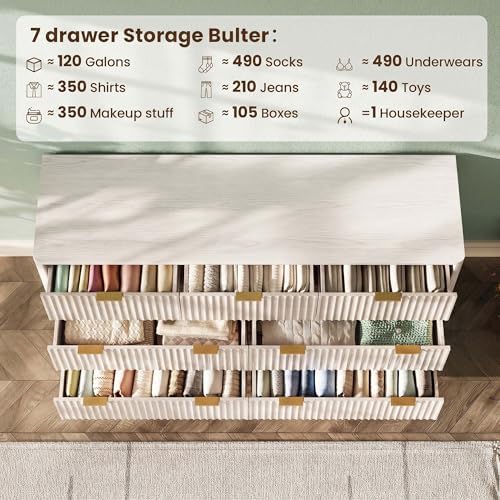 54" Wide Fluted 7 Drawers Dresser for Bedroom,Curved Edge,White - Image 5
