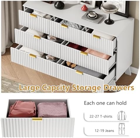 Wodeer 7 Drawer Fluted Dresser for Bedroom, Mid Century Modern Dresser with 7 Drawers, Dressers & Chests of Drawers with Metal Handle, TV Stand & Storage Organizer for Entryway, Hallway, White - Image 4