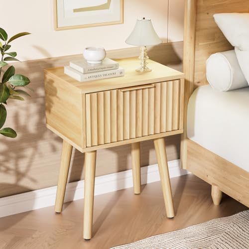 VINGLI Night Stand, Fluted Nightstand Wood, Mid Century Modern Nightstand for Bedroom, Bedside Table, Wood Side Table, Small Night Stand Oak, 15.75" W*11.81" D*21.85" H - Image 6