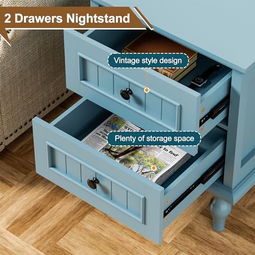 Blue Nightstand Set of 2, Vintage Bedside Tables with Drawers for Bedroom - Image 6