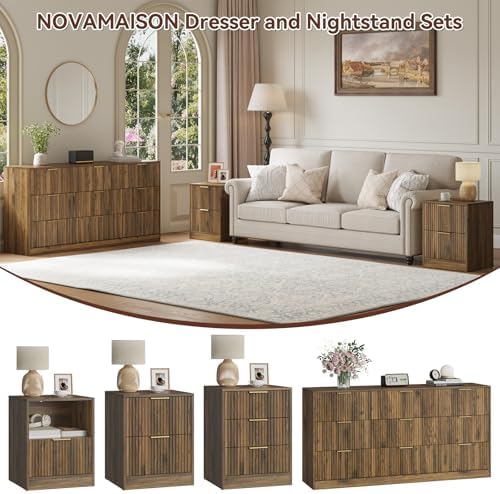 9 Drawer Dresser & 2-Drawer Nightstand Set 3-Piece, Walnut丨63 Wide Fluted Bedroom Dresser Set Night Stand Set of 2, Modern Wood Chest of Drawers Storage Dressers Set for Bedroom - Image 4