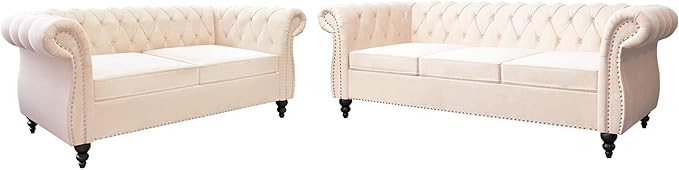 ORRD 2 Piece Living Room Set, Velvet Chesterfield Sofa Loveseat Couch - Image 9
