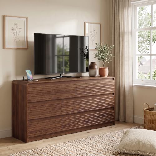 Gyfimoie 55" W Walnut Fluted 6-Drawer Dresser for Bedroom w/Power Outlet - Image 2