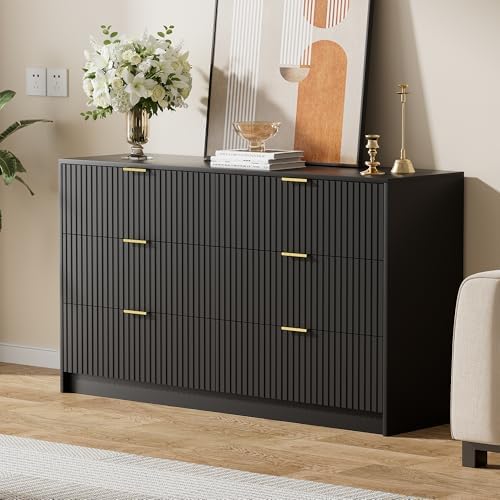 Furniway Black Dresser for Bedroom, Modern Dresser with 6 Drawers and Smooth Slides, Wide Chest of Drawers with Golden Handles for Bedroom, Living Room, Closet, 15.7" D x 55.1" W x 31.4" H - Image 7