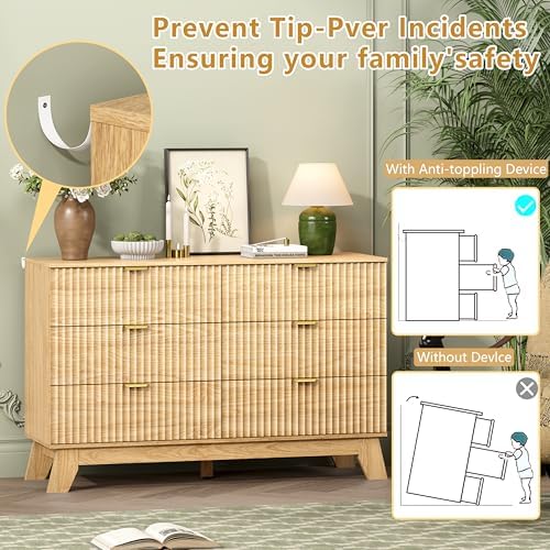 Wodeer 6 Drawer Fluted Dresser for Bedroom, Mid Century Modern Wooden Dresser with 6 Drawers, Dressers & Chests of Drawers with Metal Handle, TV Stand & Storage Organizer for Entryway, Hallway, Oak - Image 6
