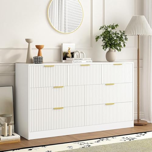 7 Drawer Fluted Dresser with Deep Drawers for Bedroom, White丨55 Wide Mid Century Dresser, Modern Chest of Drawers, Wood TV Stand Storage Organizer for Closet, Living Room, Hallway by Provideyouwithbestproduct%EF%BC%81