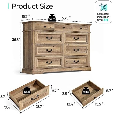 LINSY HOME Dresser for Bedroom, 9 Drawer Wood Farmhouse Chest, Tall Vintage Dressers with Deep Storage Drawers, Wide Large Dresser, Accent Wide Storage Cabinet for Bedroom, Living Room, Rustic Brown - Image 2