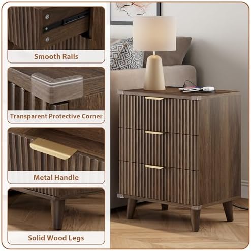 Lulive Wood 3 Drawers Dresser w/Charging Station, Modern Fluted Night Stand - Image 4