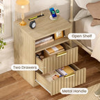 TEENFON Fluted Night Stand, Nighstand with Charging Station and LED Light, Modern Bed Side Table for Small Space, Storage Drawer and Open Shelf, for Bedroom, Natural - Image 5