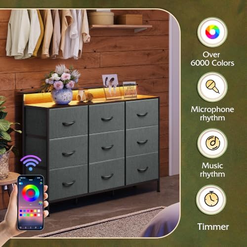 WLIVE Bedroom Dresser TV Stand 9 Drawer, Fabric Chest LED Lights, Dark Grey - Image 5