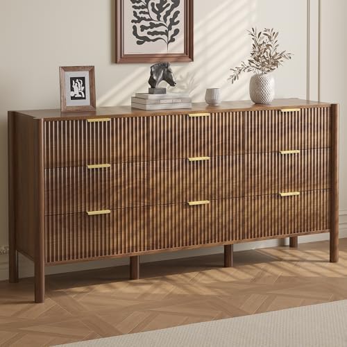 CHUWELL 63" Fluted Walnut 9 Drawer Dresser for Bedroom with Solid Wood Legs - Image 6