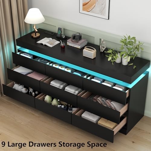 Gyfimoie 9 Drawer Dresser with Power Outlet, Modern Dresser with LED Light - Image 5