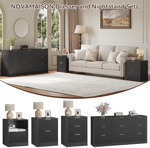 9 Drawer Dresser & 2-Drawer Nightstand Set 3-Piece, Black丨63 Wide Fluted Bedroom Dresser Set Night Stand Set of 2, Modern Wood Chest of Drawers Storage Dressers Set for Bedroom - Image 4