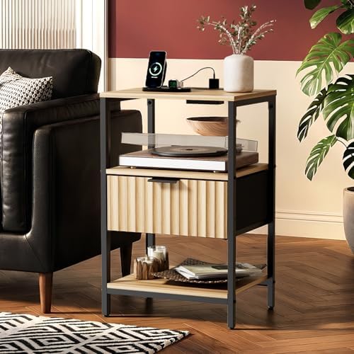 VINGLI Nightstands Set of 2 with Fabric Drawer, Fluted Nightstand with Charging Station, Oak Night Stand Set 2 Bed Side Tables, End Tales Bedroom with Charger Station, 14.96"W*11.81"D*23.7"H, 2 pcs - Image 3