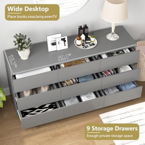 Grey 9 Drawer Dresser for Bedroom,Modern Large Dresser with Deep Drawer,Wide Bedroom Storage Chest of Drawer,Wood Storage Organizer Furniture for Living Room,Closet - Image 5