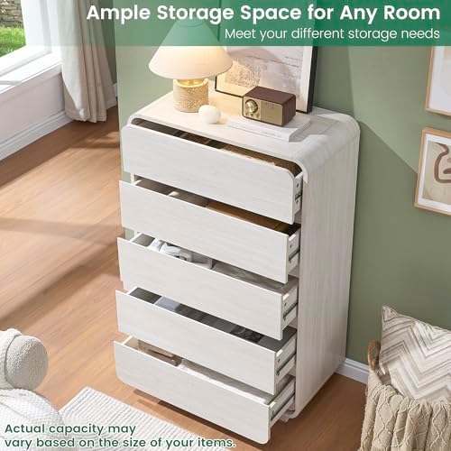 Standifurno White 5 Drawers Dresser, Curved Dresser with Storage Organizer, Modern Drawer of Handleless, Large Chest of Drawers for Living Room, Nursery, Entryway, 29.5’’W - Image 4