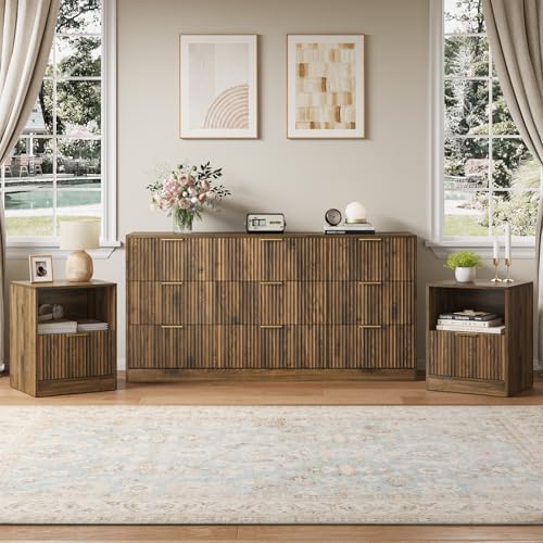 3-Piece 9 Drawer Dresser and 1-Drawer Nightstand Set, Walnut丨63 Wide Fluted Bedroom Dresser Set Night Stand Set of 2, Modern Wood Chest of Drawers Storage Dressers Set for Bedroom by NOVAMAISON