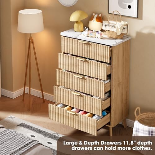 GarveeHome Fluted Dresser for Bedroom with 5 Deep Drawers, Natural Oak - Image 5
