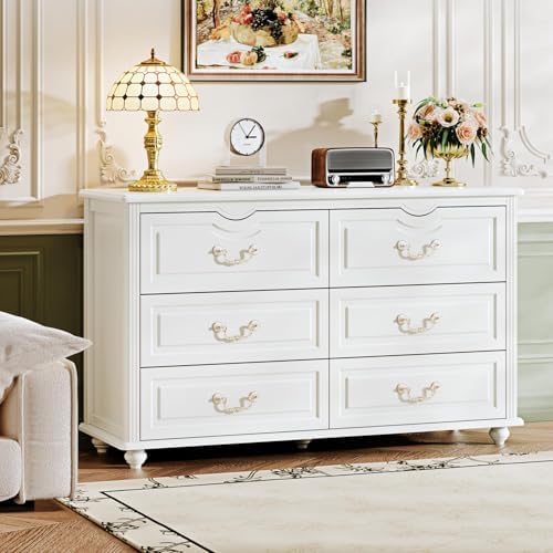 Chrangmay Modern 6 Drawers Dresser Chests for Bedroom,TV Stand,47.2 Wide Chest of Drawers with Handle,Clothes Organizer,Large Storage Cabinet for Living Room,Hallway,with Anti-Tipping Device,Cream by Chrangmay