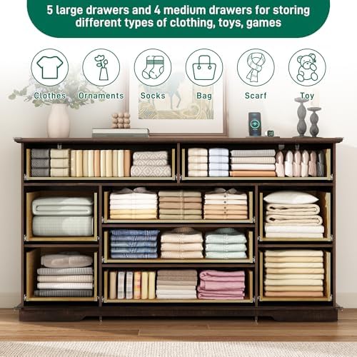 jiteentarou Farmhouse 9 Drawer Dresser for Bedroom,63” Wood Dresser & Chest of Drawers with Power Outlets,Large & Wide Dressers for Bedroom,Tall Storage Dresser Organizer(Rustic Brown) - Image 5