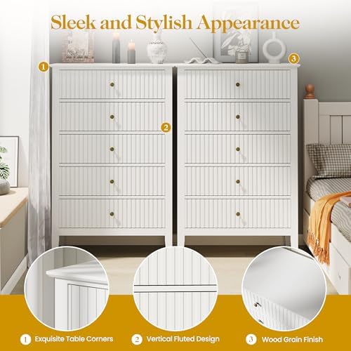 RoyalCraft White Fluted 5 Drawer Dresser for Bedroom, Tall Chest of Drawers, Waterproof Lacquered Desktop,Modern Wood Storage Cabinet for Living Room - Image 6