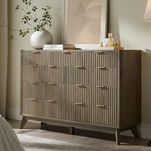 T4TREAM 54" Wide Fluted 9 Drawer Dresser for Bedroom, Grey Alder by T4TREAMFurniture